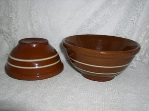 Fabelhaftes Paar Menge 2 braun mit Streifen Redware Mischschalen Schüssel - Bild 1 von 8