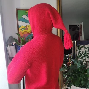 Fairy Long Hood Wool Red Knit Open Front Cardigan EU. medium Handmade - Picture 1 of 9