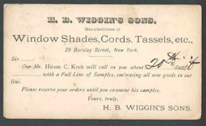 Ca 1878 NY H B Wiggins Makes WIndow Shades Cords Tassels Salesmans Calling Card - Picture 1 of 1