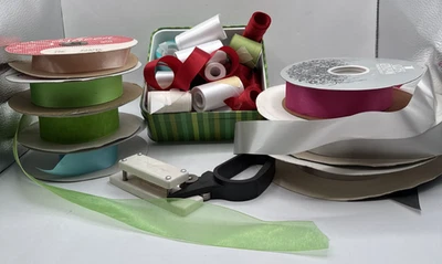 Lot Of Bow Wreath Making Ribbon Rolls with Tools Red Green Blue Multiple Colors - Image 1 of 4