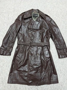 vintage 1970s double breasted BELTED leather coat 38 brown cowhide SHERLOCK - Picture 1 of 8