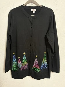 Quacker Factory Embroidery Sequin & Stud Tree Button Front Cardigan Large - Picture 1 of 10