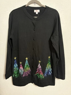 Quacker Factory Embroidery Sequin & Stud Tree Button Front Cardigan Large - Image 1 of 4
