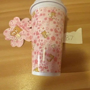 Rilakkuma San-X Pink Round 1 Reusable Tumbler Coffee Cup 16oz Flowers Teddy Bear - Picture 1 of 7