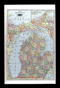 1901 Tunison Map Michigan Detroit Marquette Lansing Ann Arbor Grand Rapids Flint - Picture 1 of 5