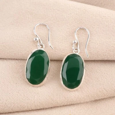 Gift For Her 925 Sterling Silver Emerald Gemstone Jewelry Drop/Dangle Earrings - Image 1 of 4