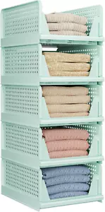 5 Pack Folding Closet Organizers Storage Box, Stackable Storage Bins, Plastic Dr - Picture 1 of 12