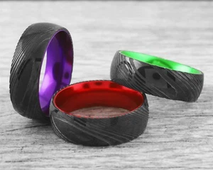 8mm Men's Black Damascus Steel w/ Green, Red, or Purple Domed Wedding Band Ring - Picture 1 of 8