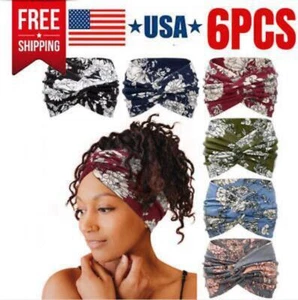 6 pack Wide Headbands for Women, 7'' Floral Printed Turban Headband Boho Hair - Picture 1 of 7