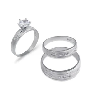 NEW 14K WHITE GOLD WEDDING TRIO RING SET - Picture 1 of 2