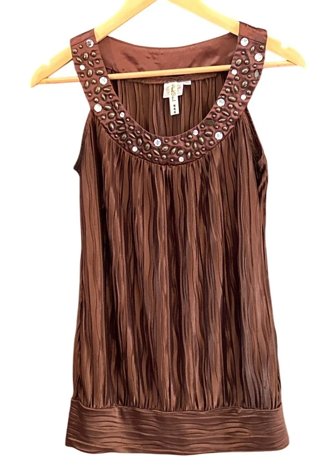 Y2K Vintage Heart Soul Brown Sleeveless Beaded Neckline Pleated Tunic Top Medium - Image 1 of 4