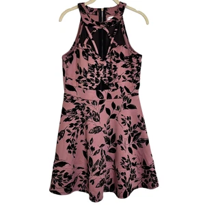 Honey & Rosie Juniors Dress Large Pink Leaf Print Sleeveless Black Velvet Accent - Picture 1 of 7