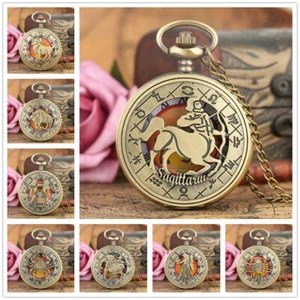 Vintage Twelve Constellations Zodiac Pocket Watch Bronze Birthday Gifts Unisex - Picture 1 of 25
