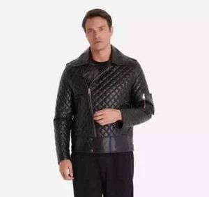 Men's Black Fashion Quilted Style Motorcycle Genuine Leather Jacket XS to 5XL - Picture 1 of 4