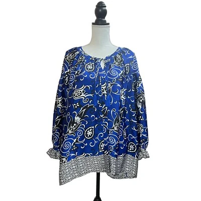 Blusa Top Cato Mujer XL Azul Cachemira Floral Boho Corbata Cuello Botón Delantero Foto 1 de 4