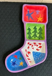Christmas Stocking Shaped Vegetable Tray Dish Colorful Ceramic Serving Platter - Picture 1 of 11