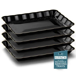 - Plastic Serving Trays for Food Black & Gold Cake Cookie Fruit Platters Rect... - Picture 1 of 8