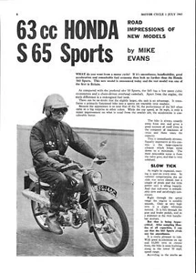 1963 HONDA 'S65 Sports' 63cc Motorcycle Vintage Original Magazine Report Cutting - Picture 1 of 1