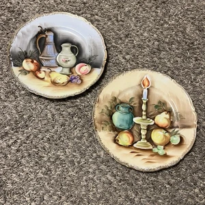 Vintage 2 alliierte hängende Teller 10" Obst Kerze gewellte Kanten Goldrand Japan - Bild 1 von 10