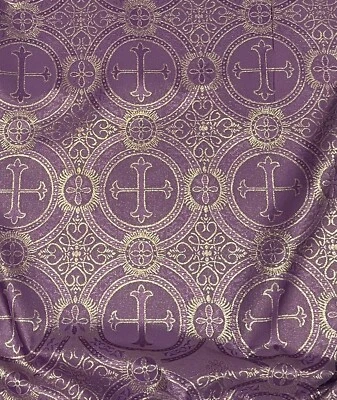 Purple Gold Metallic Church Cross Brocade Fabric 60” Width Sold By The Yard - Image 1 of 4
