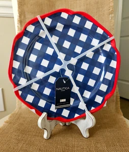 New Nautica RED WHITE & BLUE Gingham Check Melamine 11” Dinner Plate Set of 4 - Picture 1 of 2
