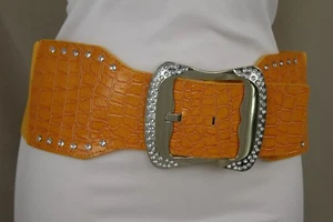 Women Fashion Wide Orange Stretch Waistband Belt Silver Metal Buckle Plus M L - Picture 1 of 12