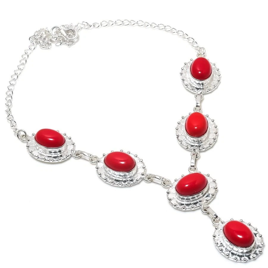 Collar de joyería de plata de ley 925 hecho a mano con piedras preciosas de coral rojo talla 18"" Foto 1 de 1