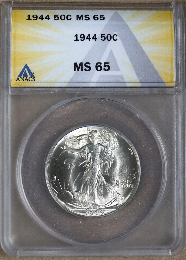 :1944-P 50C Walking Liberty Half Dollar Gem BU ANACS MS65 Low Pop Highest Grades - Image 1 of 2