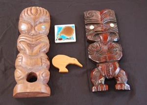 Two large New Zealand Maori Tiki Carvings & two Kiwi refrigerator magnets. - Picture 1 of 11