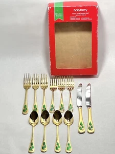 Vintage Holiday Wishes Hollyberry Gold Toned Flatware 12 Pieces  - Picture 1 of 11