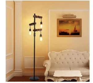 Dimmable 3-Light Industrial Floor Lamp 68" Vintage Wood&Metal Stand Rustic Black - Picture 1 of 6