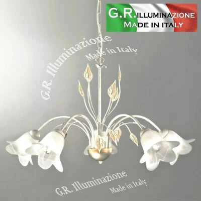 LAMPADARIO IN FERRO BATTUTO 5 LUCI AVORIO ARGENTO E ORO SOSPENSIONE PENDENTE Zoe - Immagine 1 di 4