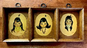 Unique MCM Vintage Chris T Hersey Native American Girl Framed Art Set Of 3 MCM - Picture 1 of 6