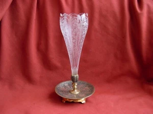 ANTIQUE FRENCH ETCHED CRYSTAL VASE WITH GILDED BRONZE FOOT,BACCARAT?,LATE 19th. - Picture 1 of 15