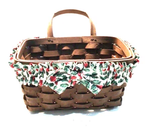 Medium Size Woven Wicker Hand Basket Christmas Holly Berry Fabric Design 6X11X6” - Picture 1 of 9