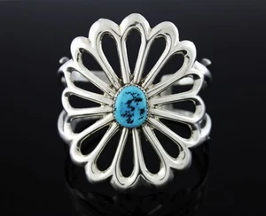 Old Pawn Navajo Native American Sterling Silver Turquoise Flower Cuff Bracelet - Picture 1 of 9