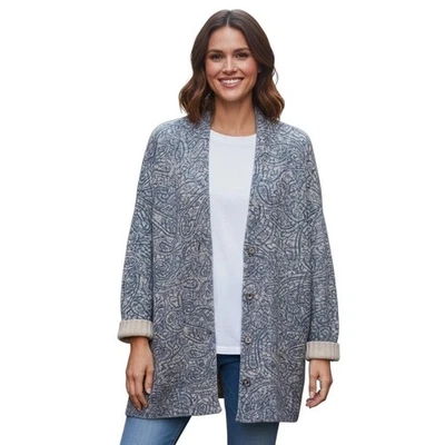 Pure J.Jill Blue Paisley Oversized Coatigan Cardigan Medium Snap Front Sweater - Image 1 of 4
