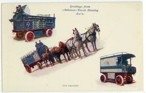 Excelente anuncio de elaboración de cerveza Anheuser-Busch c1905 ppc que muestra vehículos de entrega en la ciudad - Imagen 1 de 2