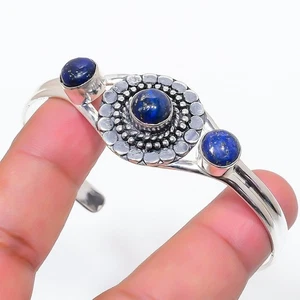 Blue Lapis Lazuli Gemstone Handmade 925 Sterling Silver Cuff Bracelet Adjustable - Picture 1 of 1