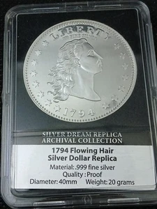 20g 1784 Flowing Hair 999 Silver Dollar Copy Proof Strike Gorgeous Piece - Picture 1 of 3