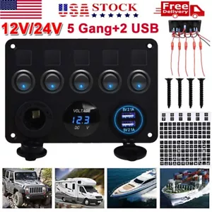 5 Gang On-Off Blue LED Toggle Switch Panel Voltmeter Dual USB Car Boat Marine US - Bild 1 von 13