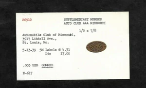 1939 Automobile Club of Missouri Member Brass Name Plate....Angell MFG Archive - Picture 1 of 2