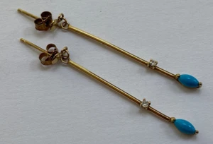 9CT GOLD TURQUOISE DIAMOND EARRINGS DROPS DANGLE STUDS - Picture 1 of 5