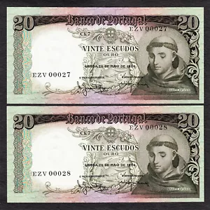 Portugal 2 CONSECUTIVE 20 Escudos 1964 LOW Serial 00027 & 00028 Pick-167 UNC - Picture 1 of 2