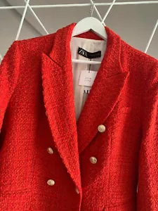 A107 ZARA ROYAL KATE RED BLAZER TEXTURED TWEED GOLD BUTTONS JACKET COAT - L - Picture 1 of 21
