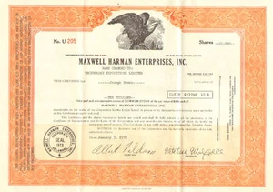 Maxwell Harman Enterprises Inc. 1978 Aktien Aktienzertifikat - Bild 1 von 1