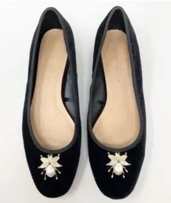Zapatos Bailarina Zara Trafaluc Abeja Dorada con Perla Negro Terciopelo Tacones Talla 36/6 Foto 1 de 2