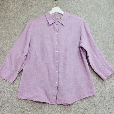 Camisa feminina LLBean de linho com botões rosa roxo claro manga média 3/4 clássica - Imagem 1 de 4