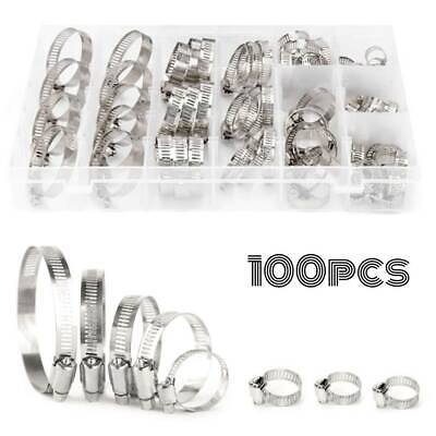 100 Pcs Assorted Stainless Steel Hose Clamp Kit With No Driver Jubilee Clips Set • 12.89£