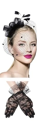 2 Pc Black Feather Fascinator Hat/Gloves Hair Clip Wedding Tea Cocktail Party - Image 1 of 4